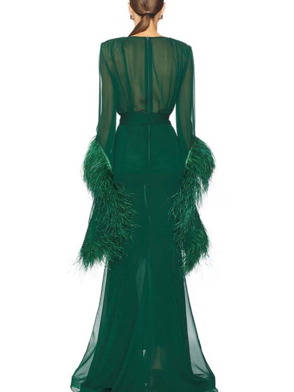 Bronx & Banco Geisha V-Neck Gown Green Feather Cuffs – Worn Once Like New! M - Picture 4 of 6